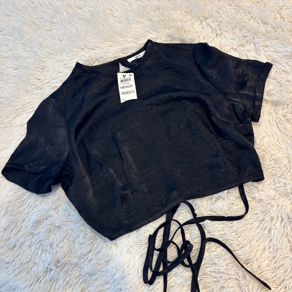 Bar III Womens Black Metallic Wrapped Cropped Top Shirt NWT size medium